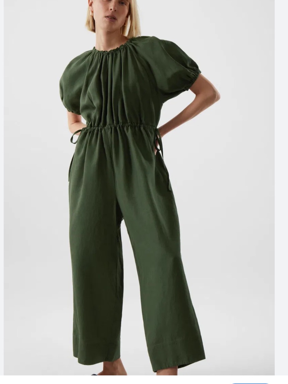 COS Puff Sleeve Olive Green Wide-Leg Jumpsuit